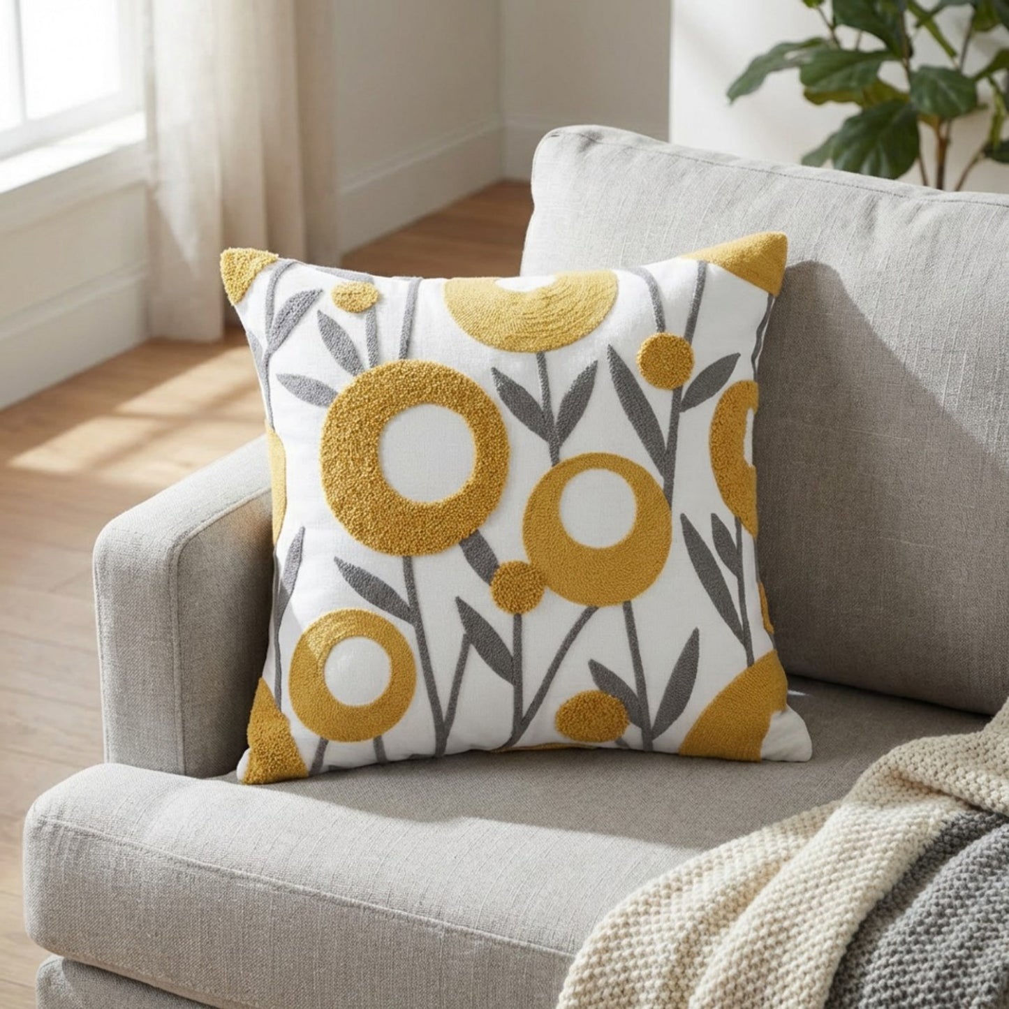 Decorative Embroidered Botanical Throw Pillow Cover Textured Fabric Square Cushion Cover Single Pack
