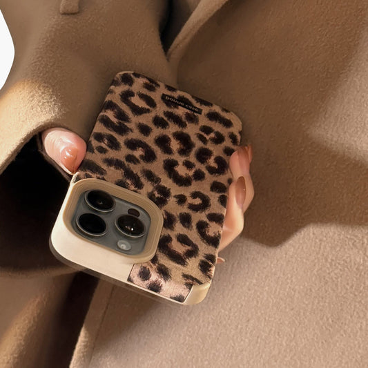 Leopard Print Phone Case with Beaded Wrist Strap Built In Phone Stand Slim Protective Cover