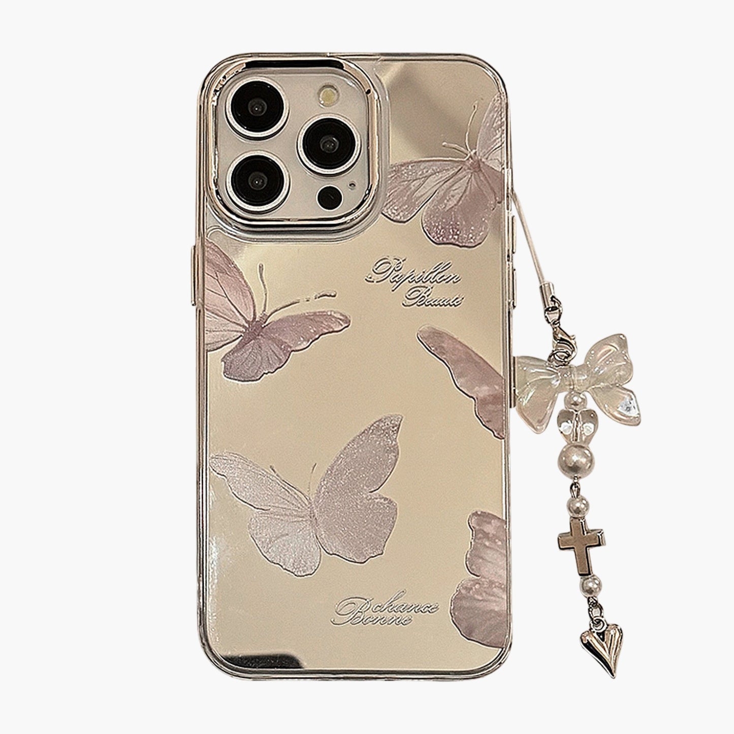 Mirror Finish Butterfly Phone Case with Decorative Charm Slim Protective Cover