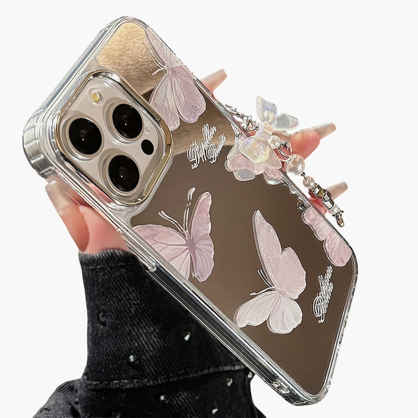 Mirror Finish Butterfly Phone Case with Decorative Charm Slim Protective Cover