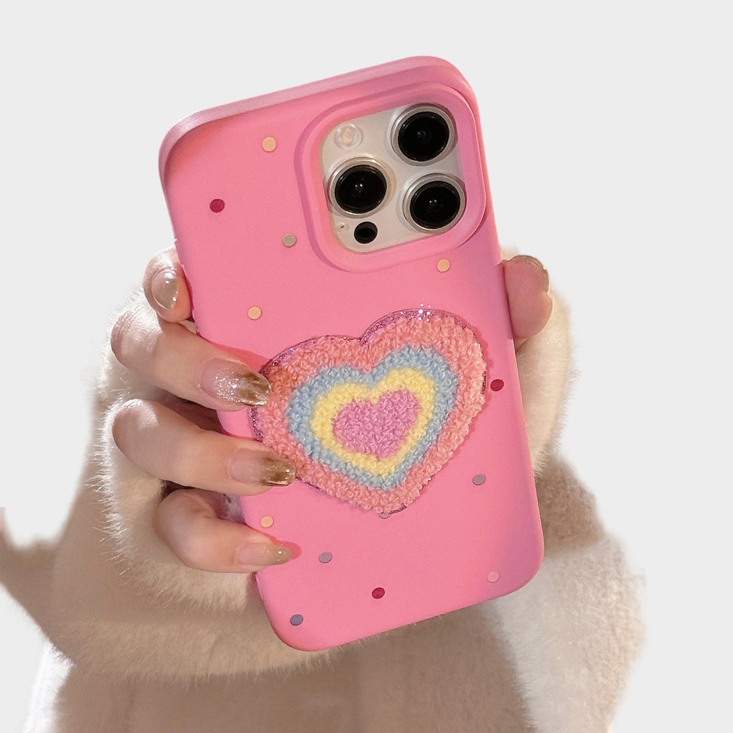 Heart Patch Phone Case with Plush Beaded Wristlet Charm