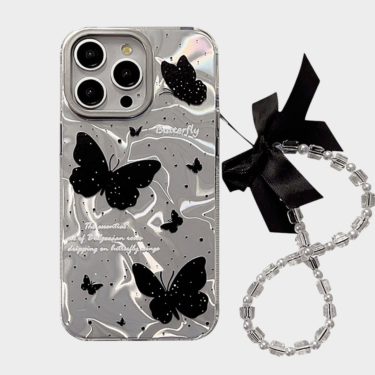 Butterfly Print Phone Case with Beaded Bow Wristlet Charm