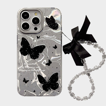 Butterfly Print Phone Case with Beaded Bow Wristlet Charm