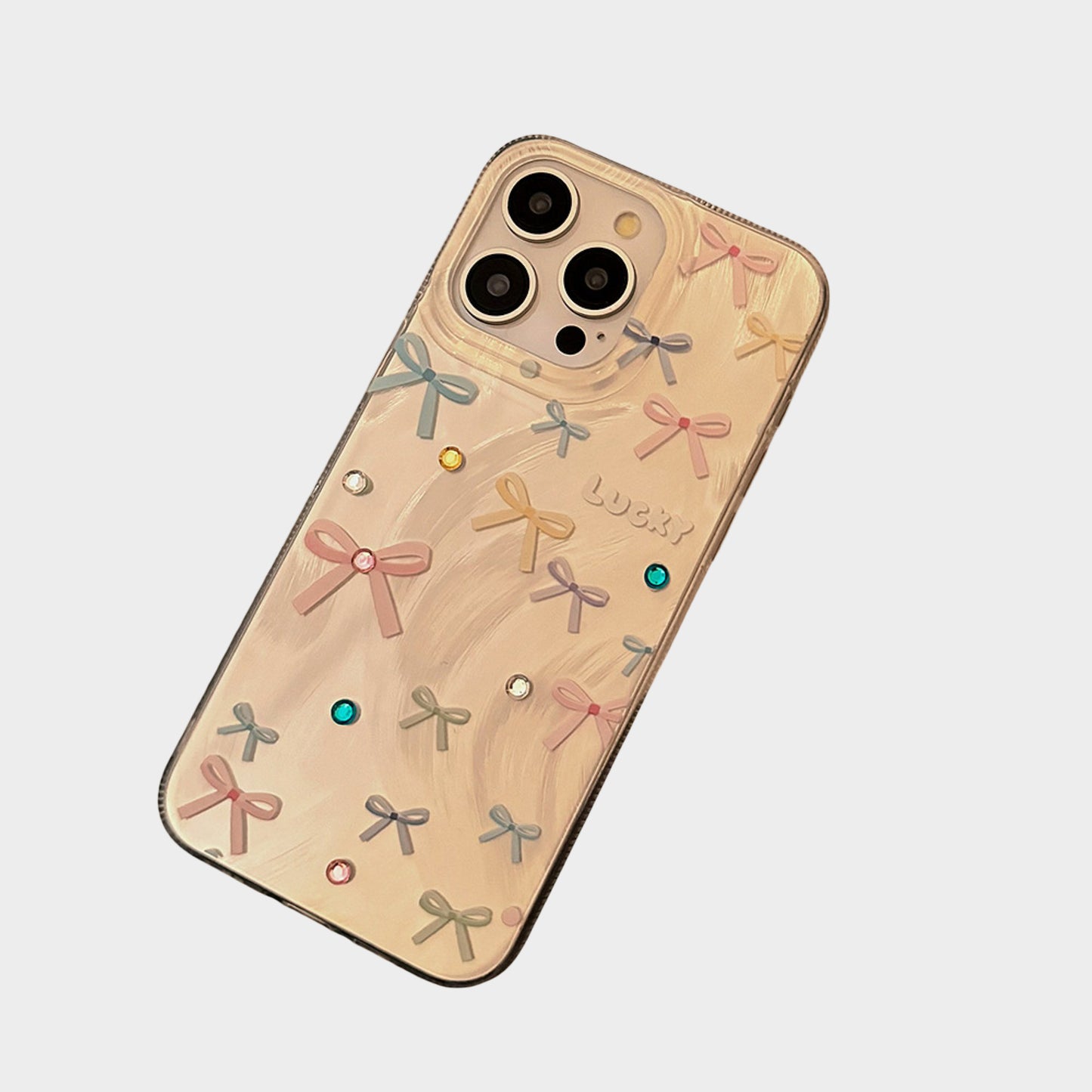 Bow Accent Phone Case with Textured Wave Finish and Decorative Crystal Details