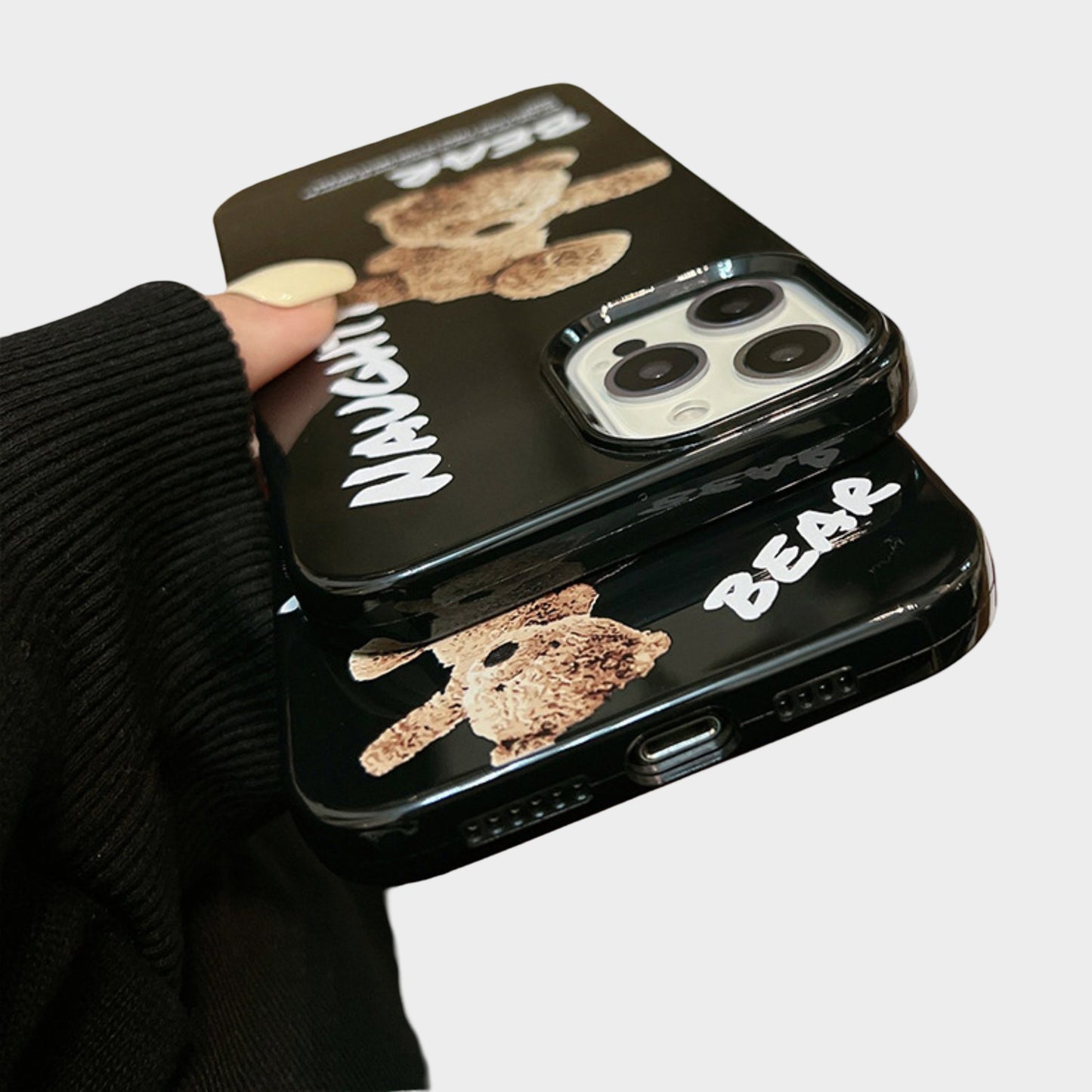 Teddy Bear Graphic Phone Case with Glossy Black Finish and Printed Text Design