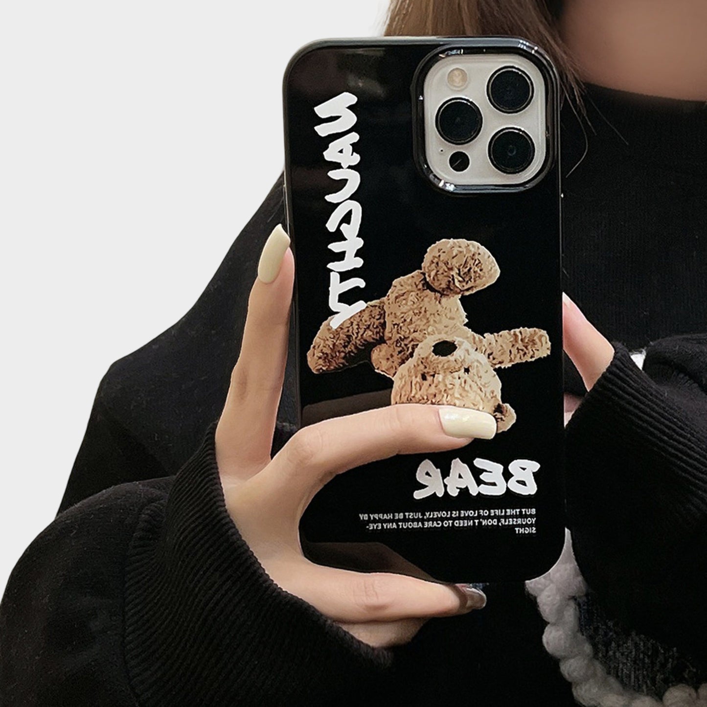 Teddy Bear Graphic Phone Case with Glossy Black Finish and Printed Text Design