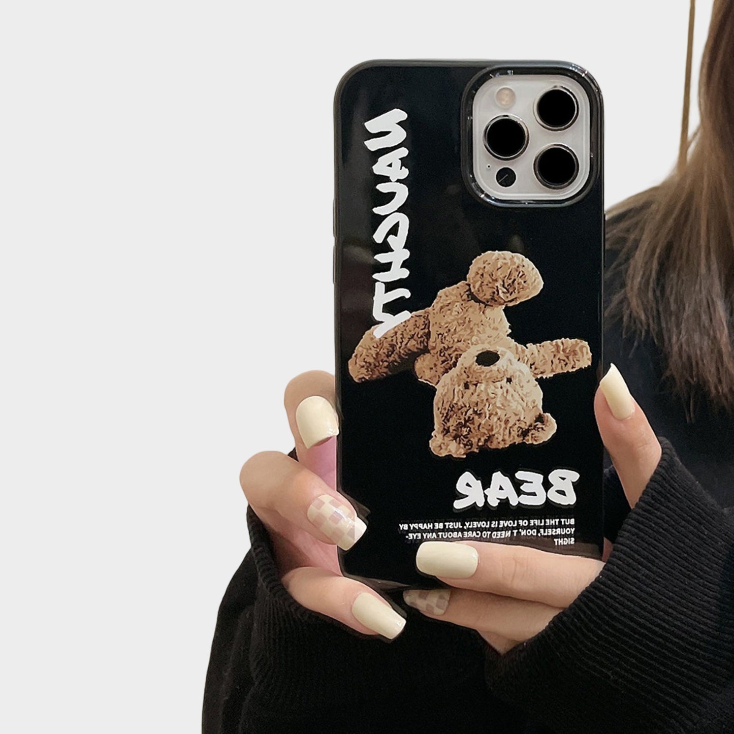 Teddy Bear Graphic Phone Case with Glossy Black Finish and Printed Text Design