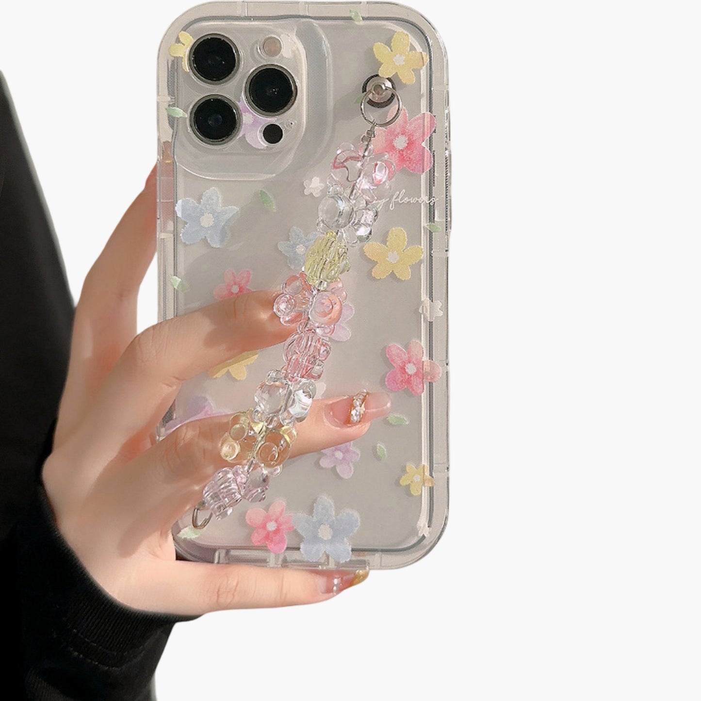 Clear Floral Phone Case with Beaded Wrist Strap Raised Flower Applique Design Protective Cover