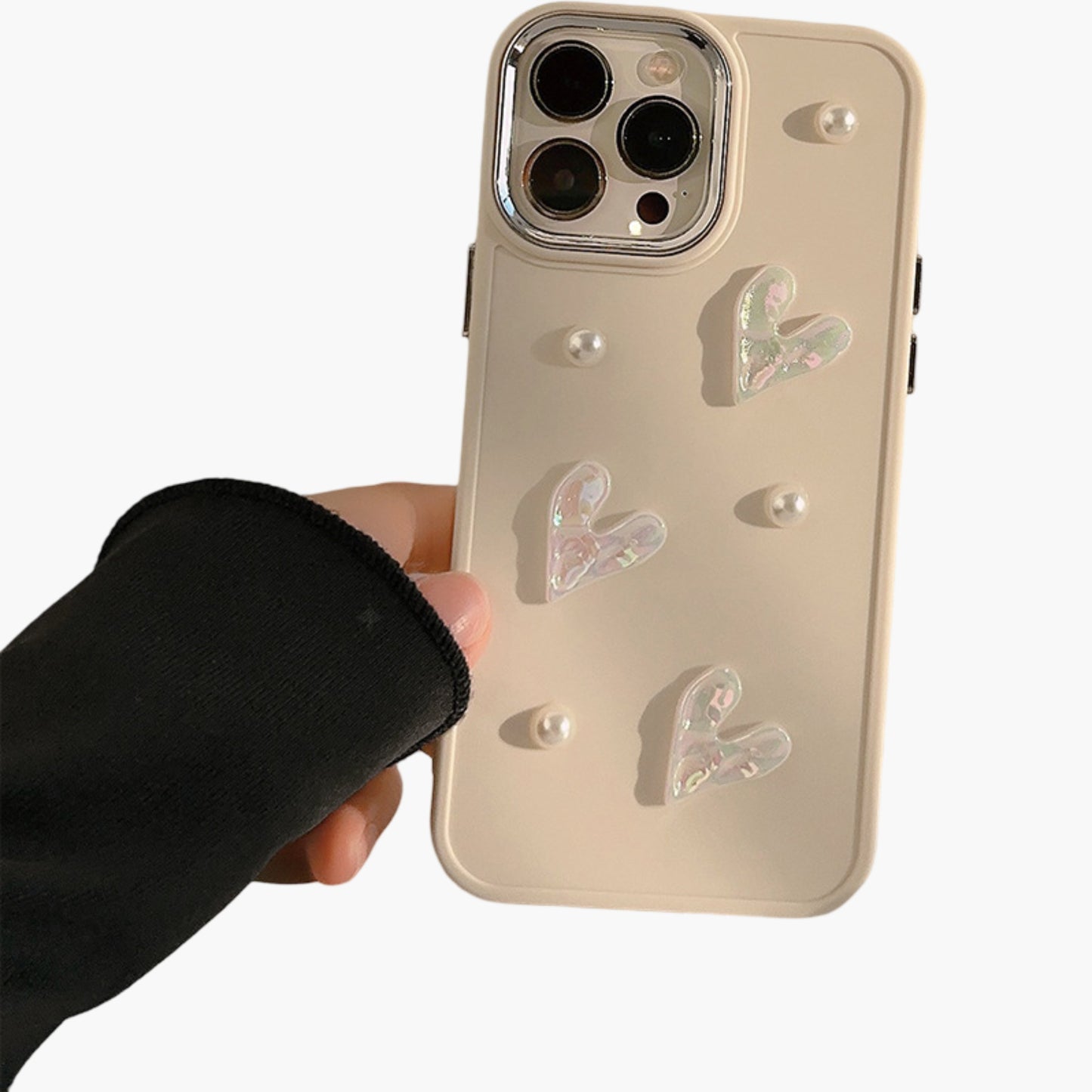 Pearl and Heart Embellished Phone Case Raised Iridescent Heart Design Protective Cover