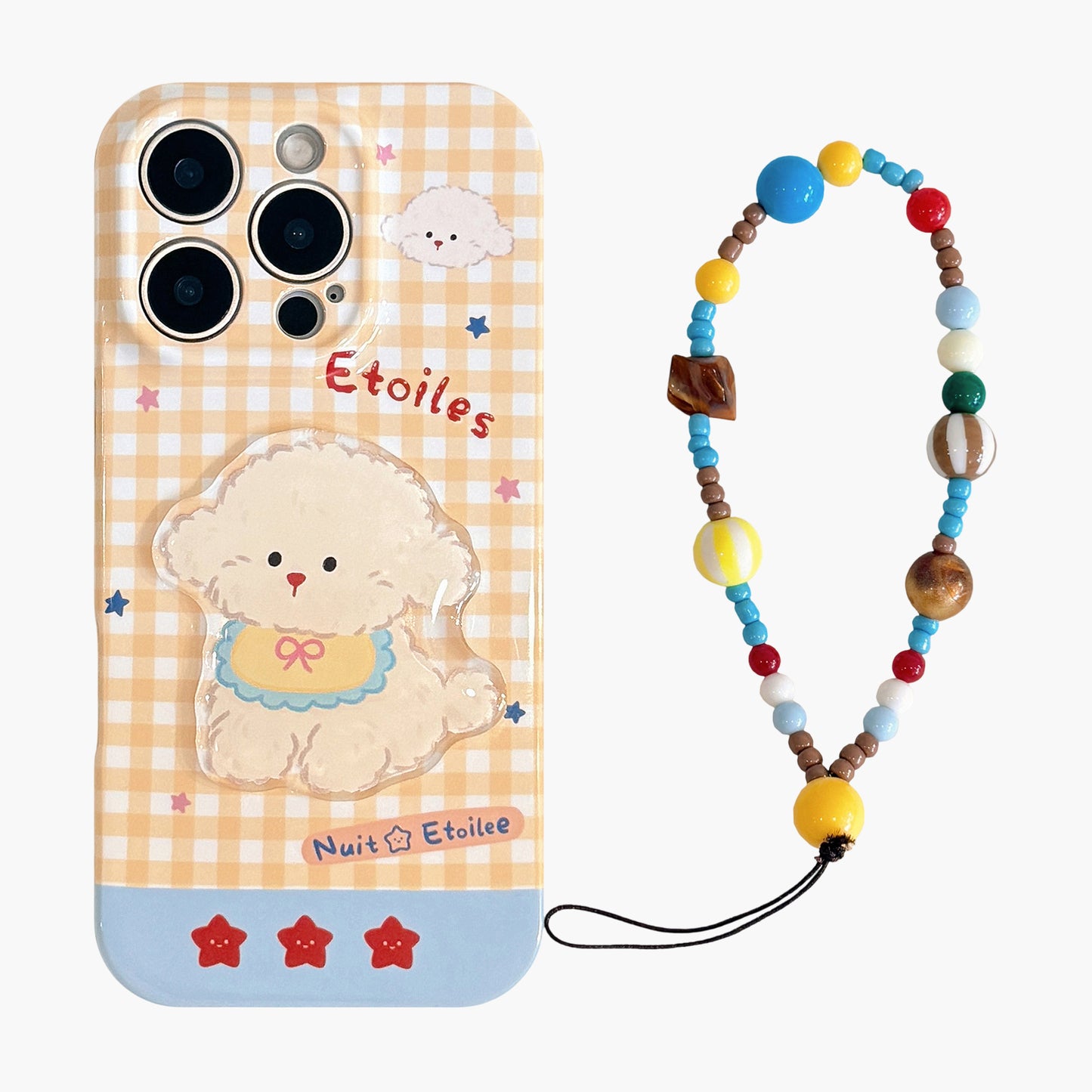 Puppy Graphic Phone Case with Beaded Wrist Strap Plaid Pattern Cute Protective Cover
