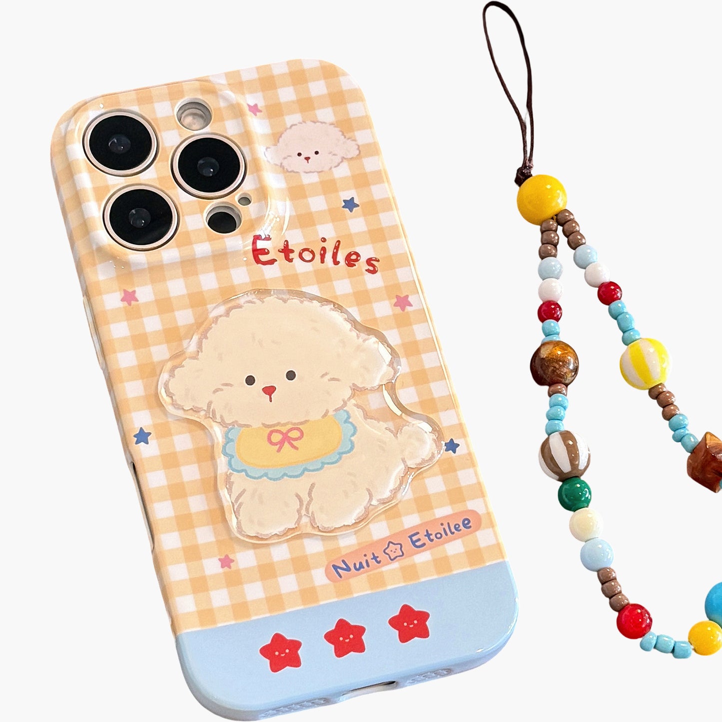 Puppy Graphic Phone Case with Beaded Wrist Strap Plaid Pattern Cute Protective Cover