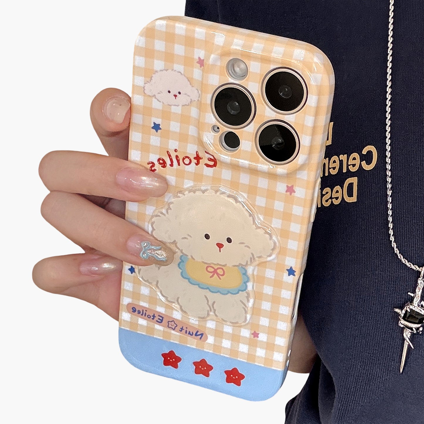 Puppy Graphic Phone Case with Beaded Wrist Strap Plaid Pattern Cute Protective Cover