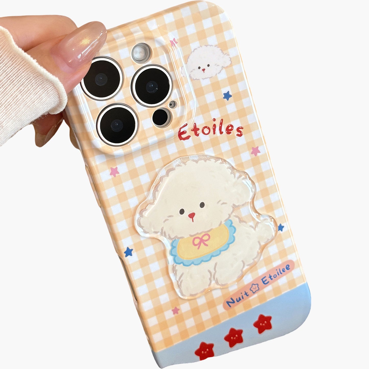 Puppy Graphic Phone Case with Beaded Wrist Strap Plaid Pattern Cute Protective Cover