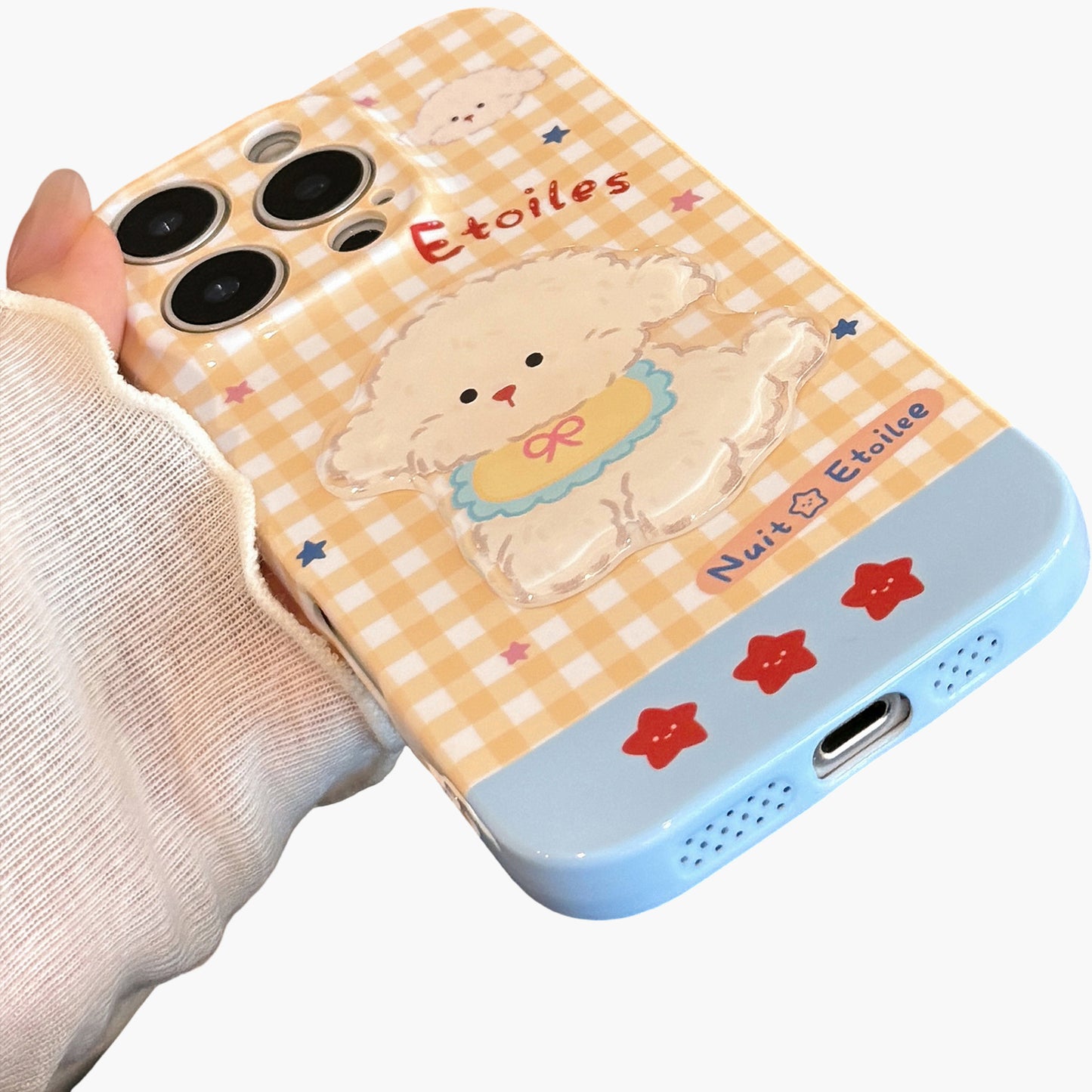 Puppy Graphic Phone Case with Beaded Wrist Strap Plaid Pattern Cute Protective Cover