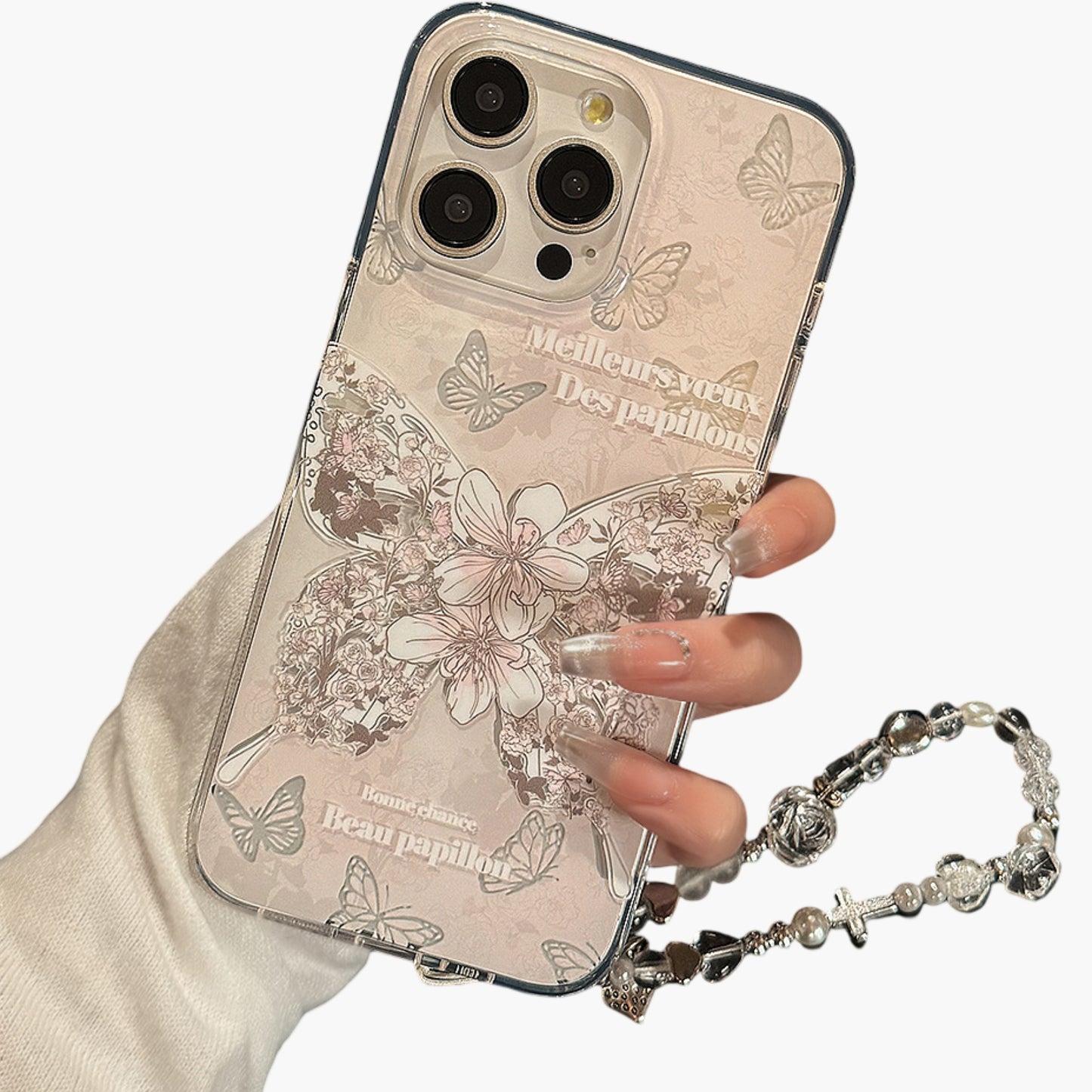 Butterfly Floral Phone Case with Beaded Wrist Strap Vintage Style Pattern Protective Cover