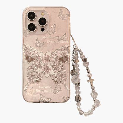 Butterfly Floral Phone Case with Beaded Wrist Strap Vintage Style Pattern Protective Cover