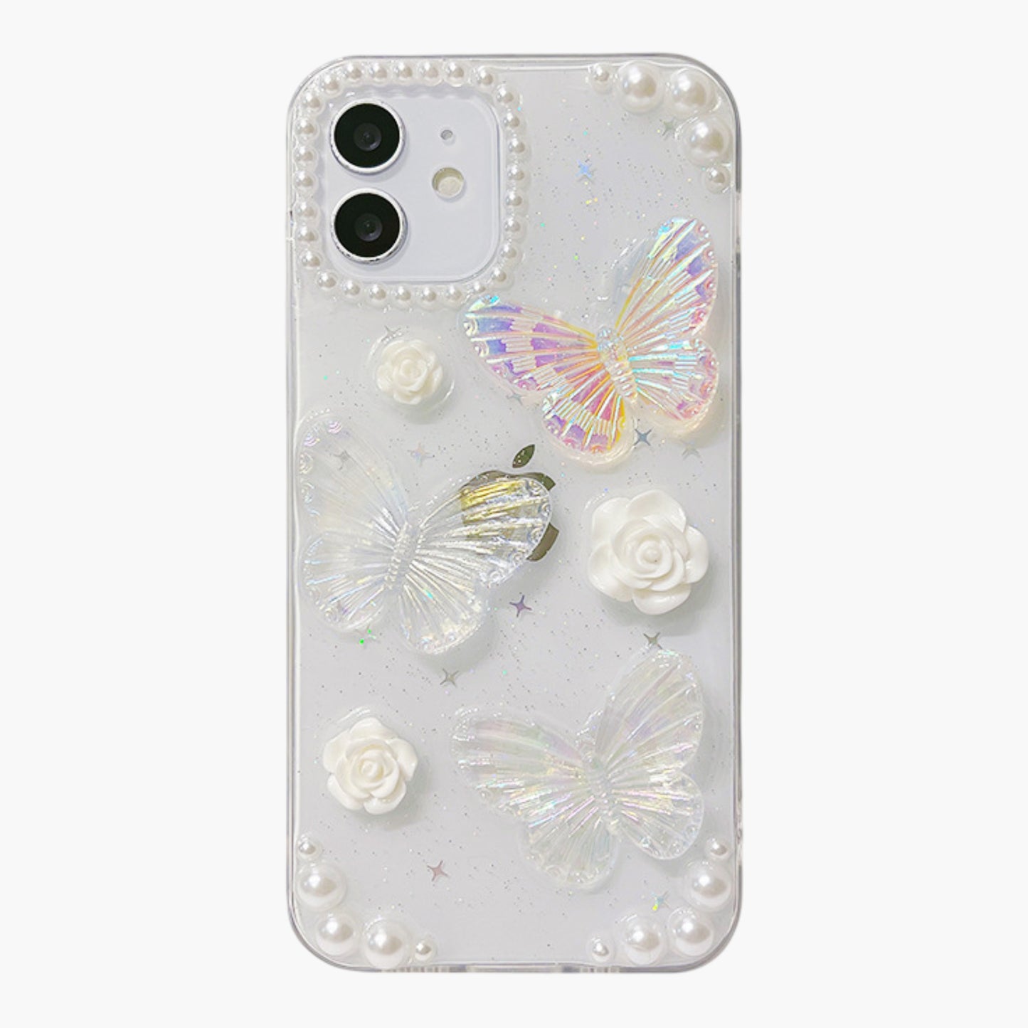 Pearl Butterfly Phone Case with 3D Floral Embellishment Glitter Design Protective Cover