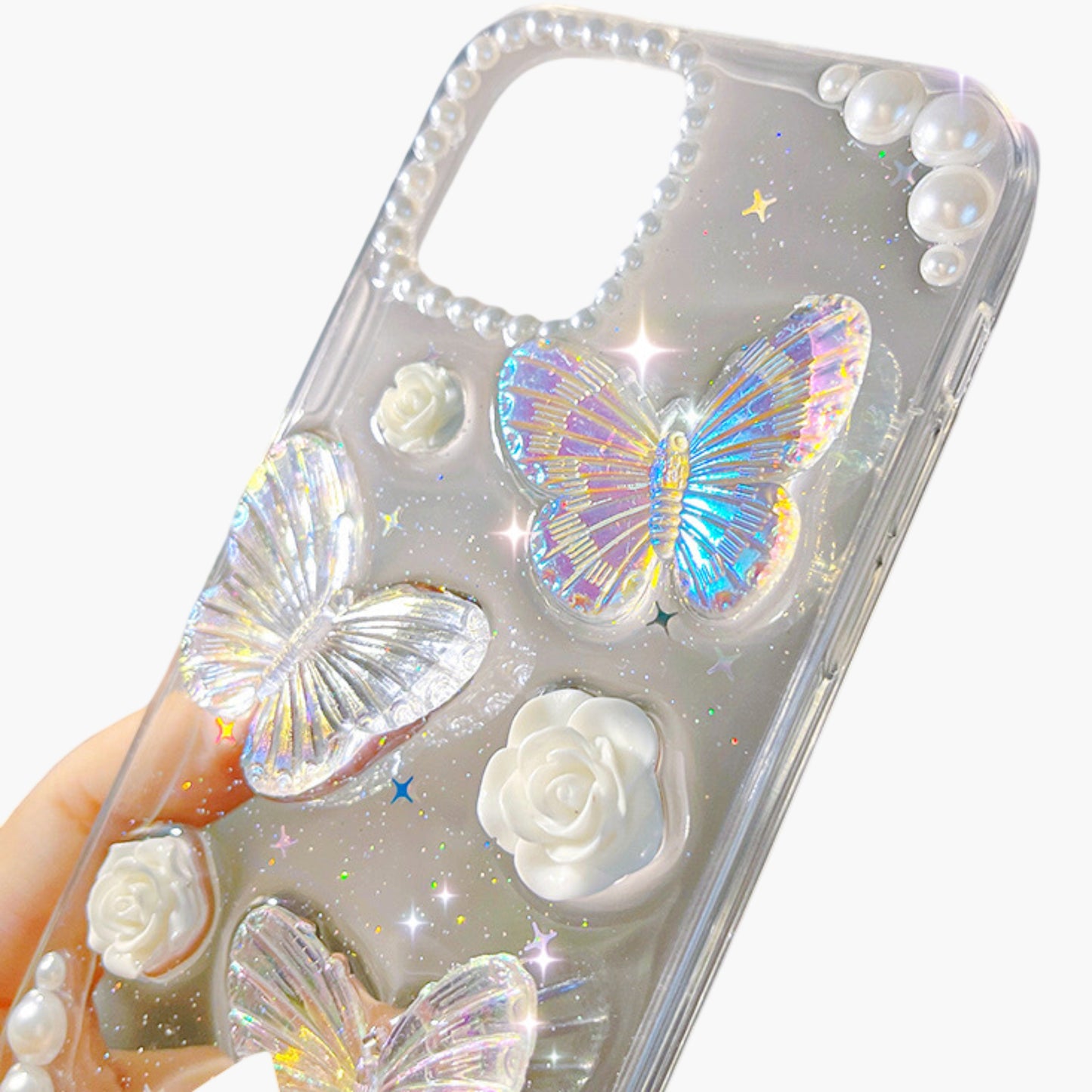 Pearl Butterfly Phone Case with 3D Floral Embellishment Glitter Design Protective Cover
