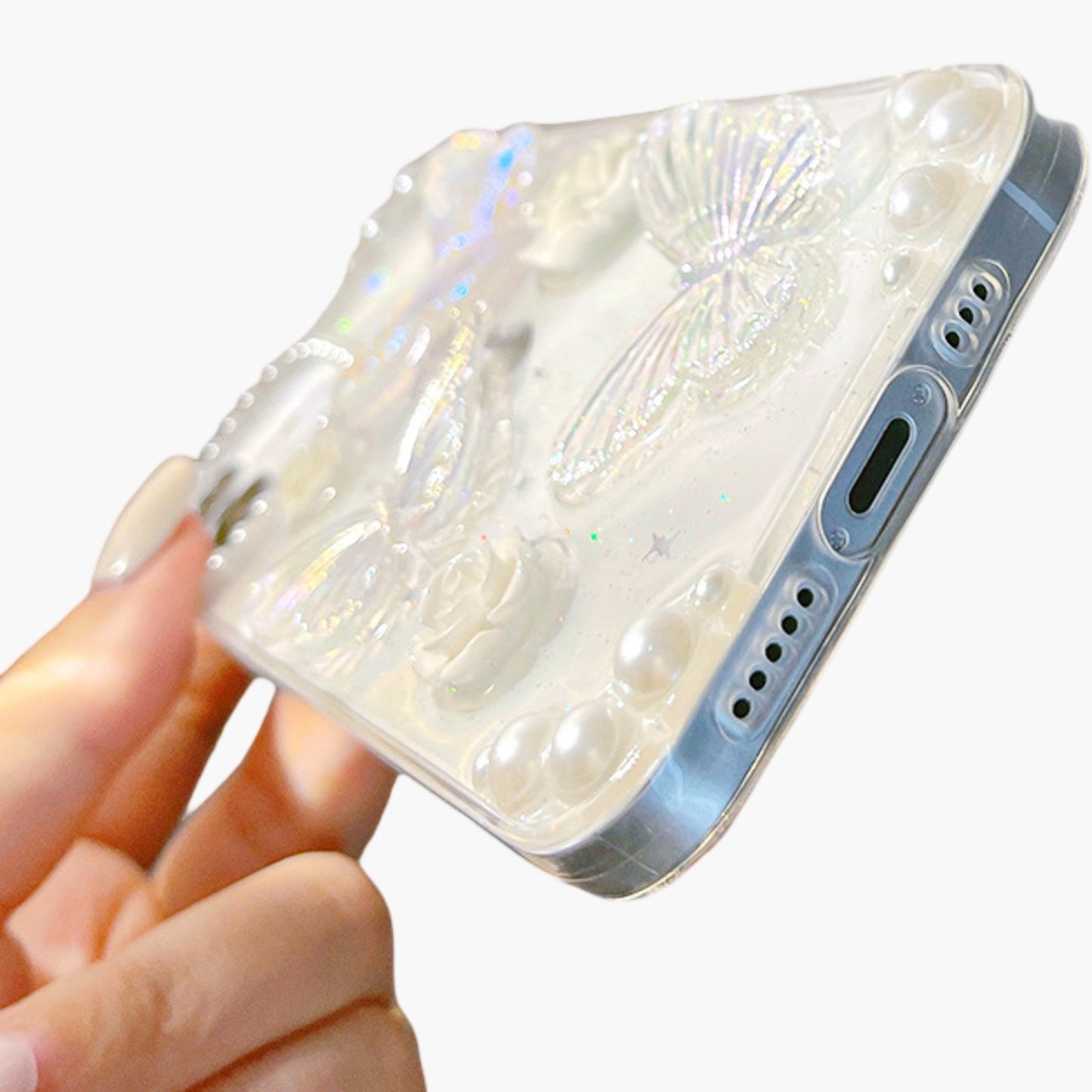 Pearl Butterfly Phone Case with 3D Floral Embellishment Glitter Design Protective Cover