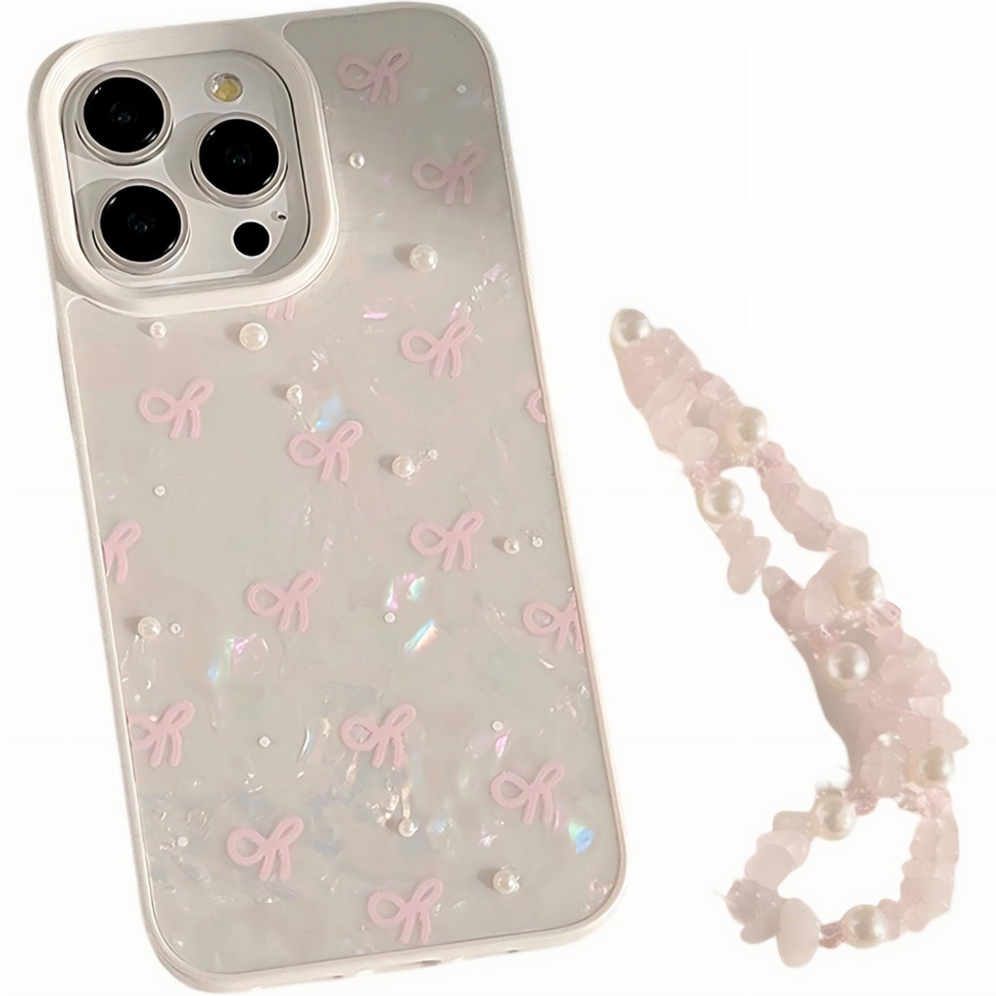 Iridescent Phone Case with Bow Pattern and Beaded Wrist Strap Pearl Detail Protective Cover