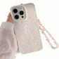 Iridescent Phone Case with Bow Pattern and Beaded Wrist Strap Pearl Detail Protective Cover