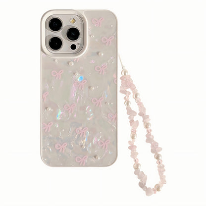 Iridescent Phone Case with Bow Pattern and Beaded Wrist Strap Pearl Detail Protective Cover