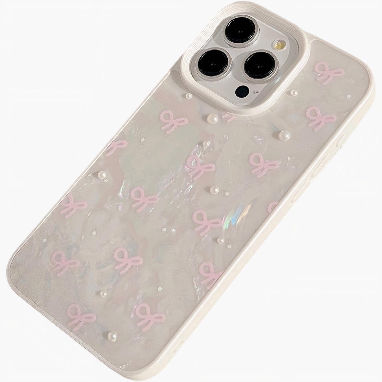Iridescent Phone Case with Bow Pattern and Beaded Wrist Strap Pearl Detail Protective Cover