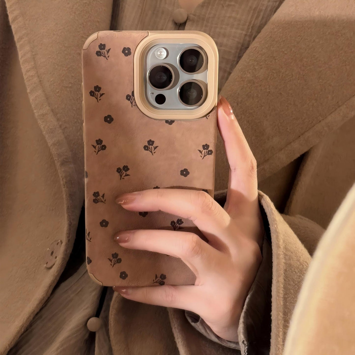 Faux Leather Phone Case with Floral Pattern Textured Finish Protective Cover