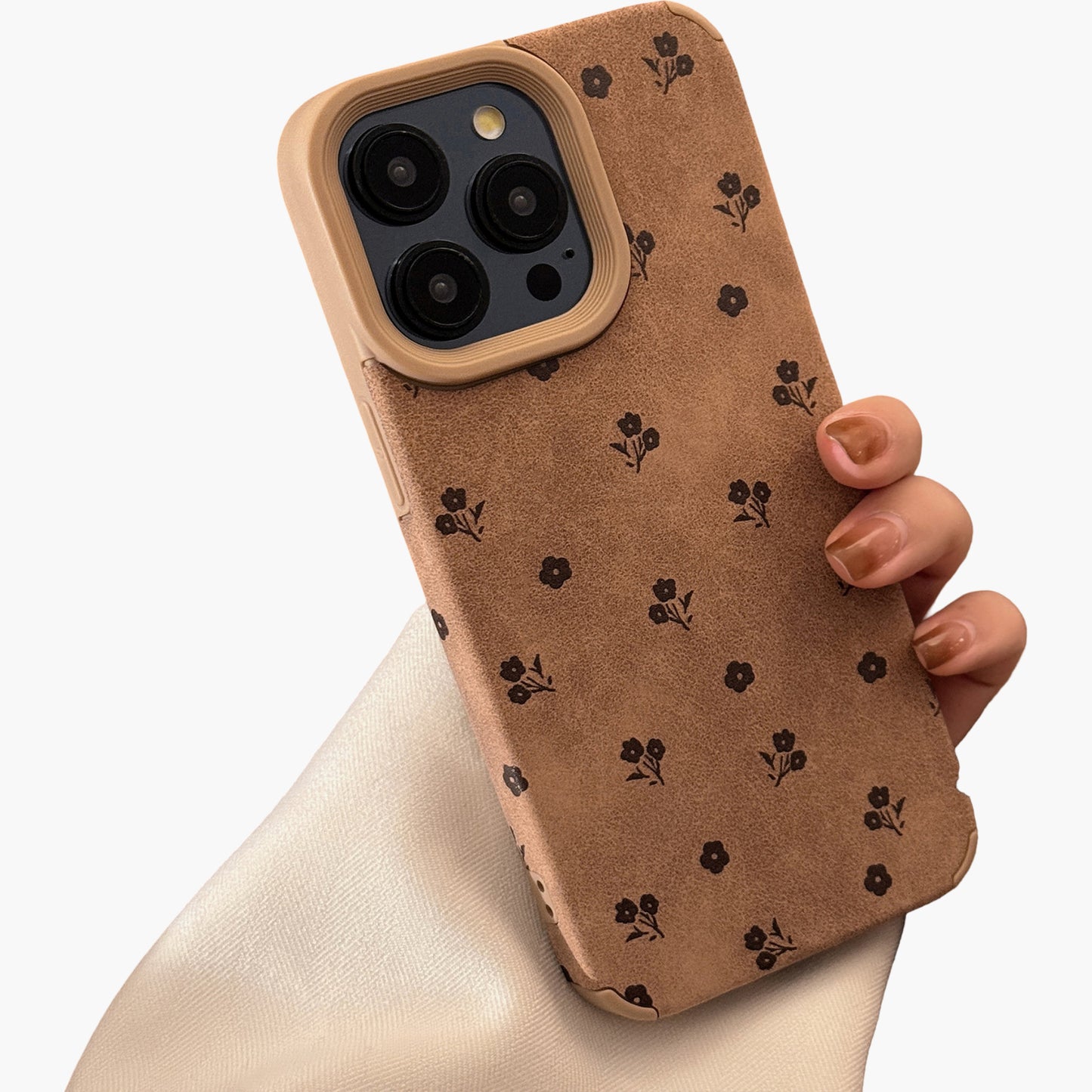 Faux Leather Phone Case with Floral Pattern Textured Finish Protective Cover