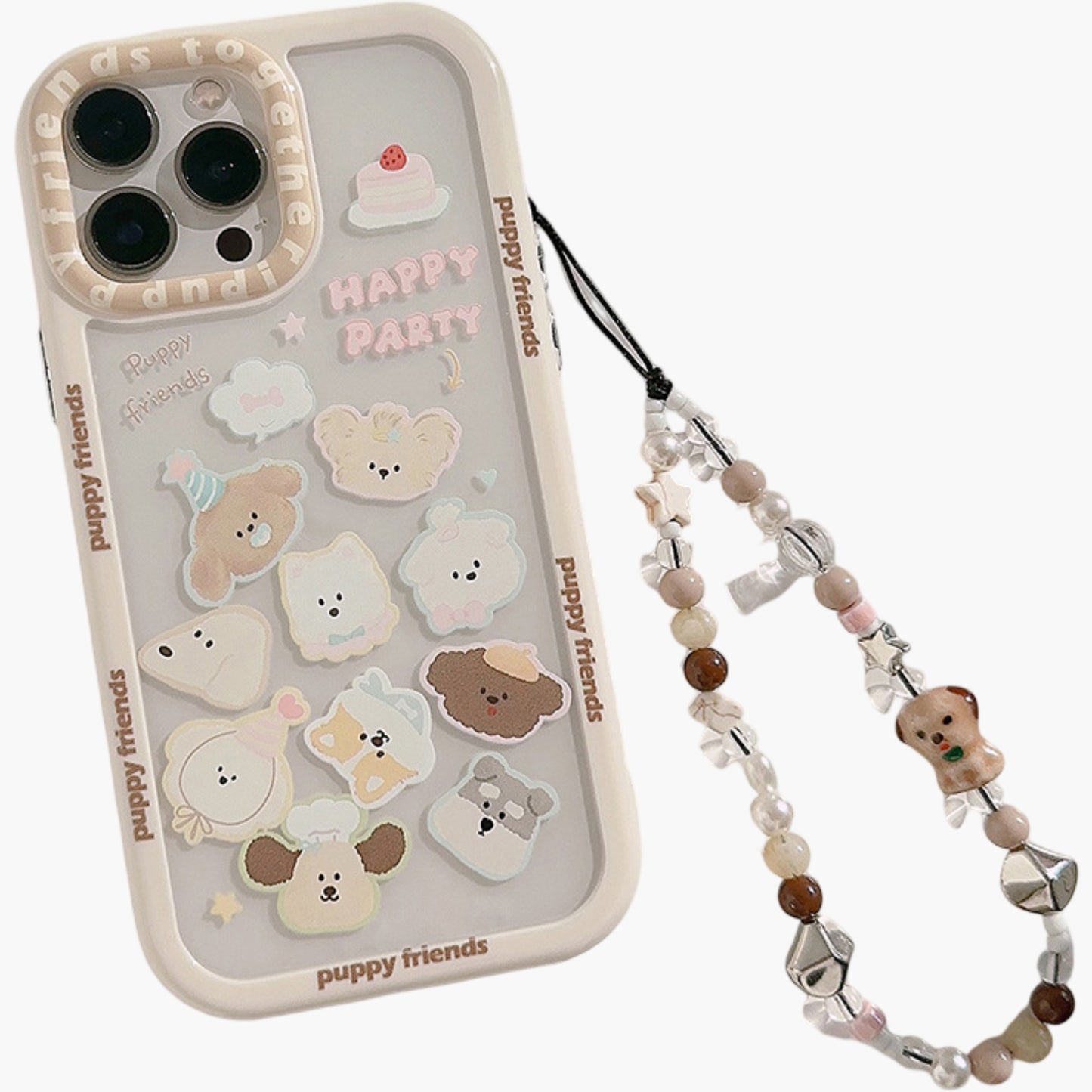 Puppy Friends Phone Case with Charm Strap Cute Cartoon Protective Cover