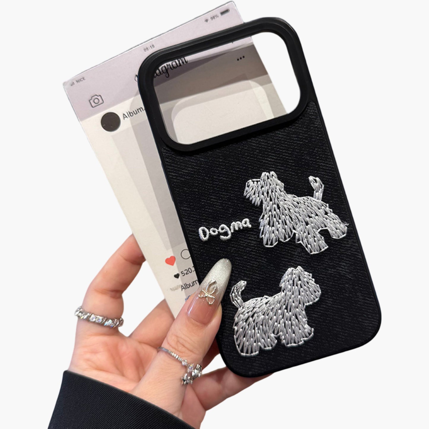 Embroidered Dog Pattern Phone Case Textured Fabric Protective Cover Shock Resistant Design