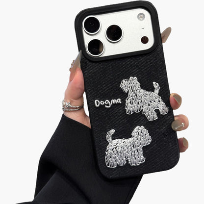 Embroidered Dog Pattern Phone Case Textured Fabric Protective Cover Shock Resistant Design