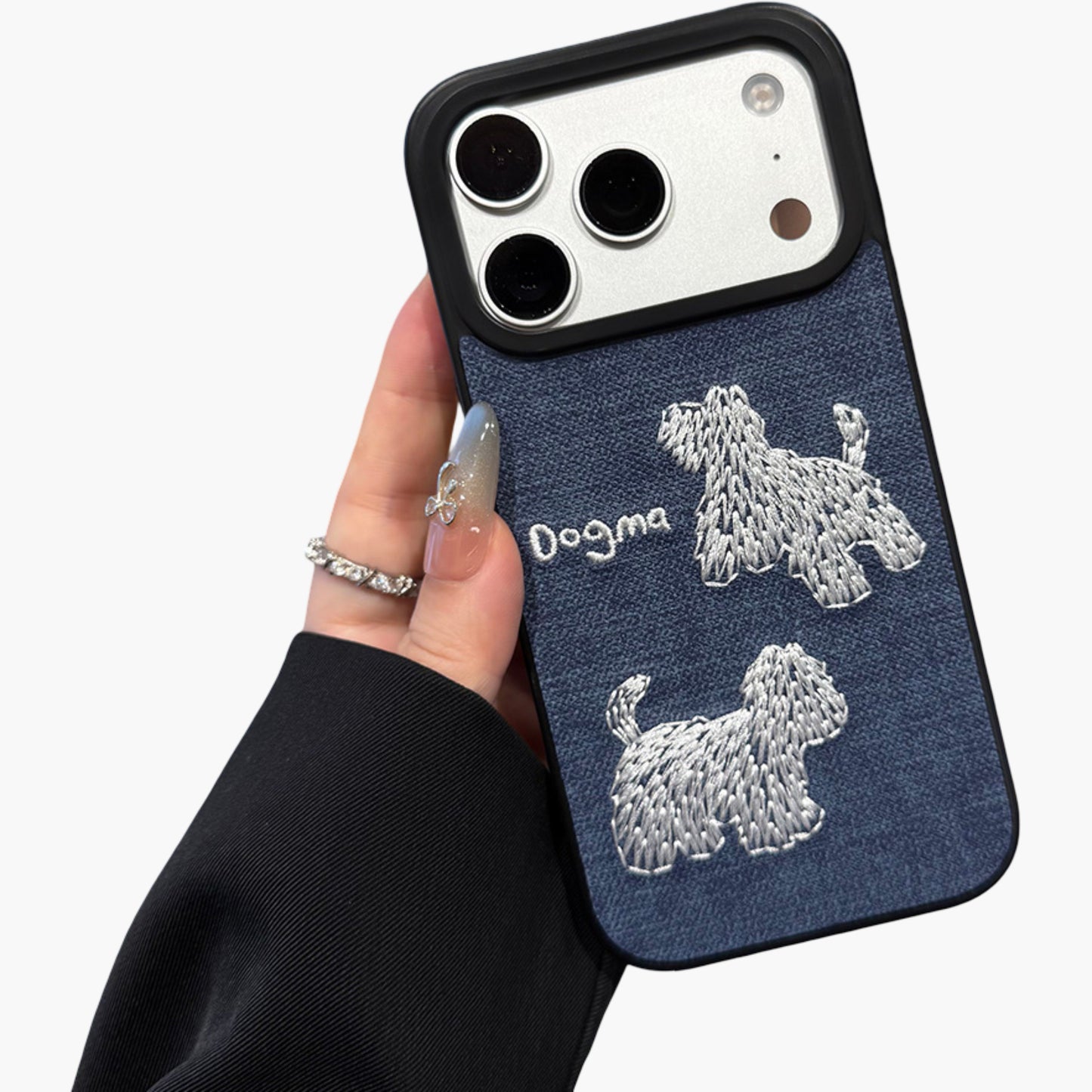 Embroidered Dog Pattern Phone Case Textured Fabric Protective Cover Shock Resistant Design