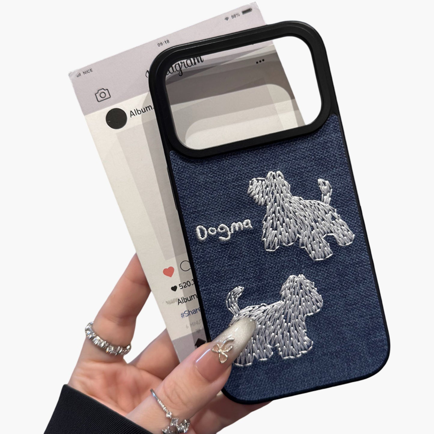 Embroidered Dog Pattern Phone Case Textured Fabric Protective Cover Shock Resistant Design