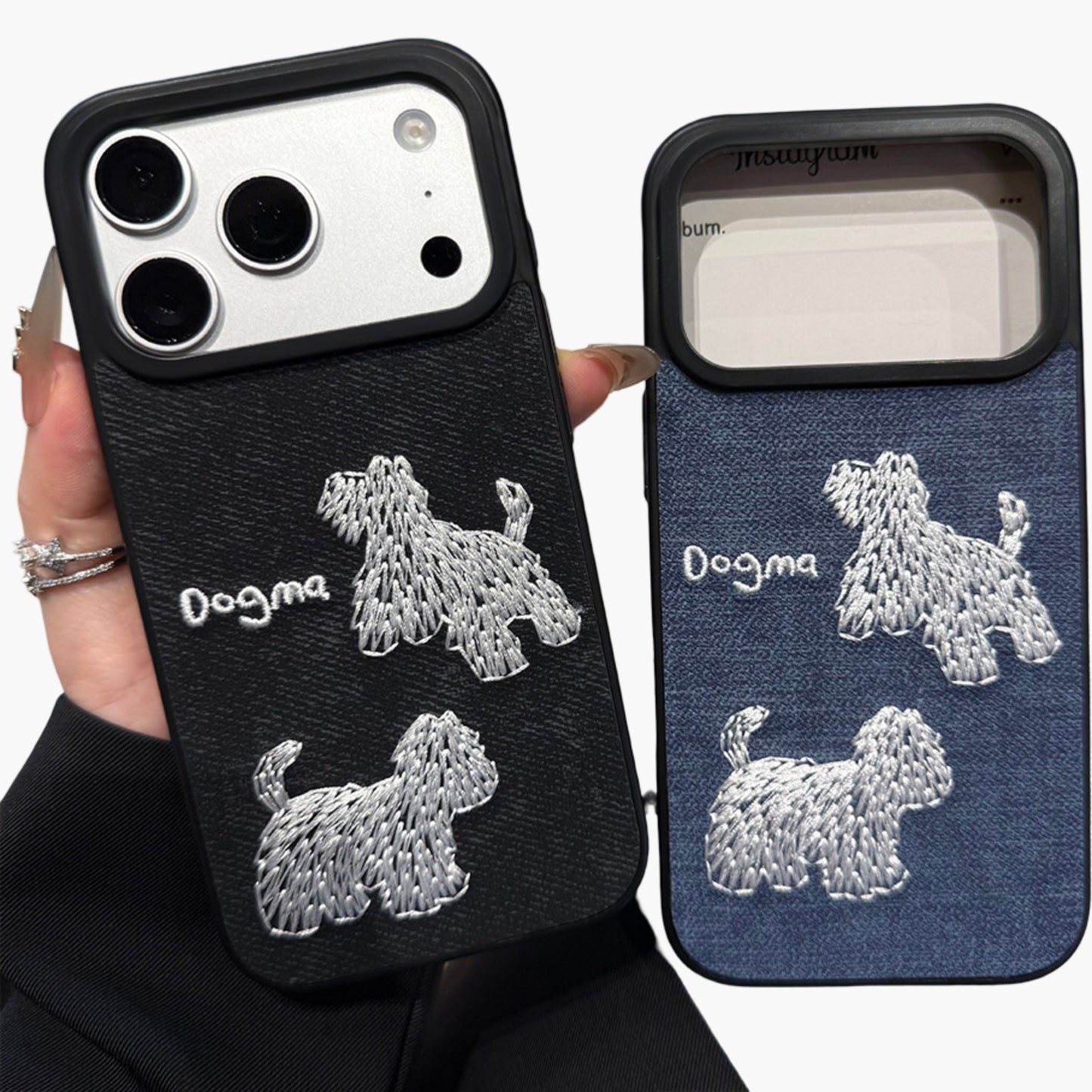 Embroidered Dog Pattern Phone Case Textured Fabric Protective Cover Shock Resistant Design
