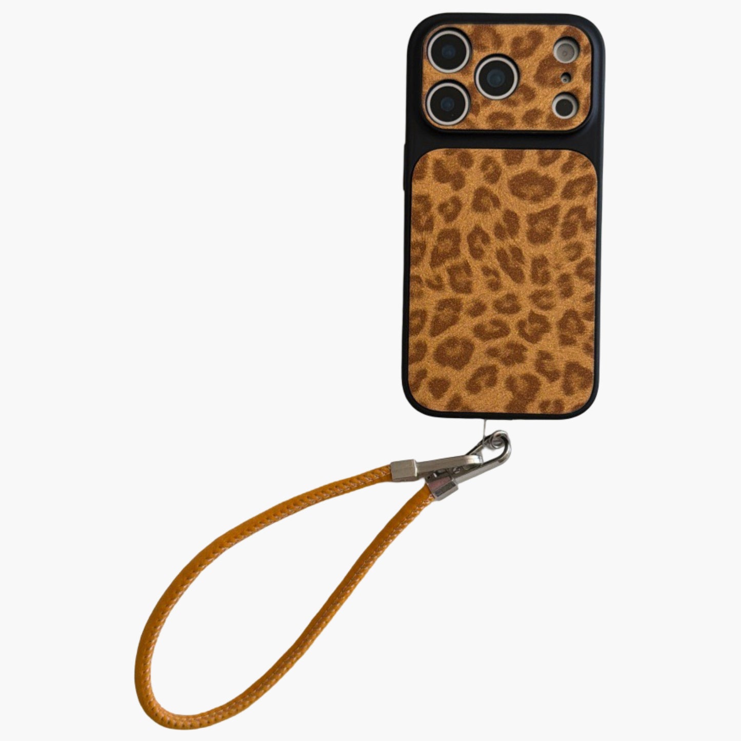 Leopard Print Phone Case with Wrist Strap Textured Back Protective Shock Resistant Cover