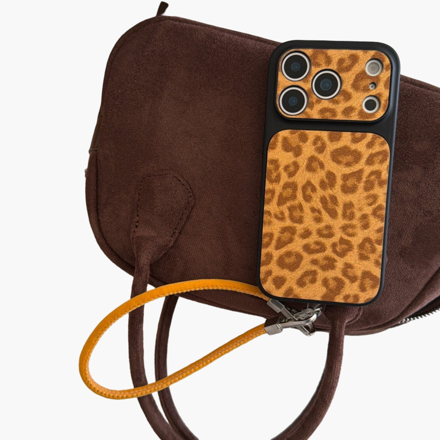 Leopard Print Phone Case with Wrist Strap Textured Back Protective Shock Resistant Cover