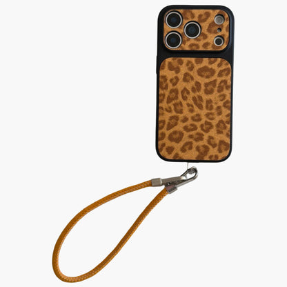 Leopard Print Phone Case with Wrist Strap Textured Back Protective Shock Resistant Cover