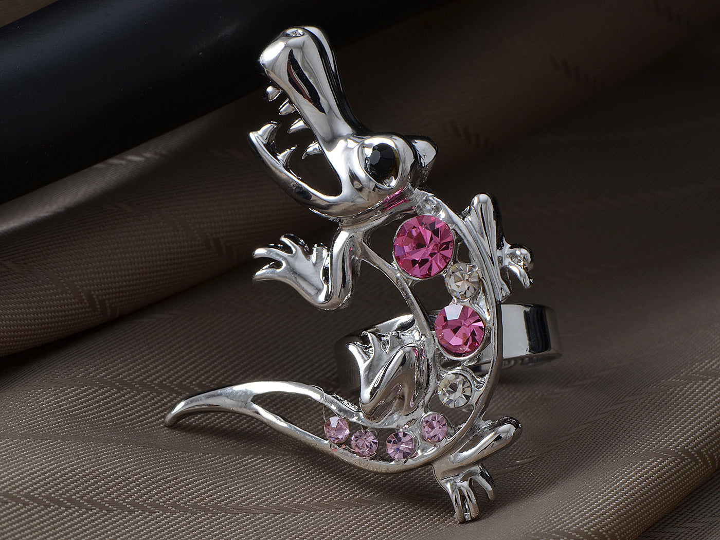 Silver Jewelry Pink Encrusted Crocodile Alligator Animal Ring