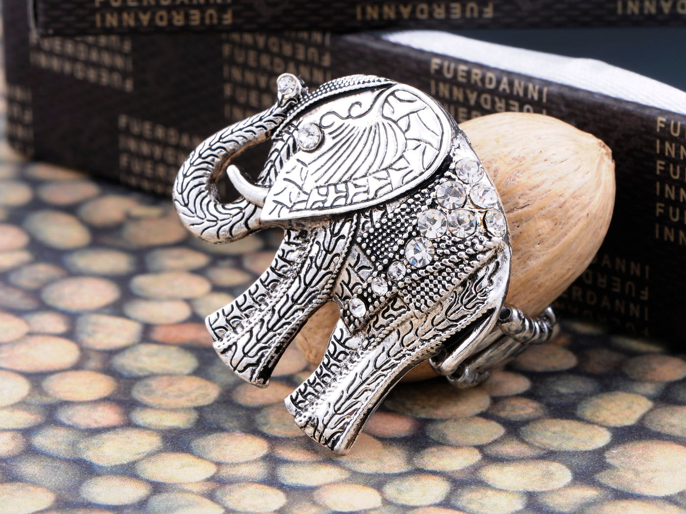 Antique Tusked Elephant White Accented Ring