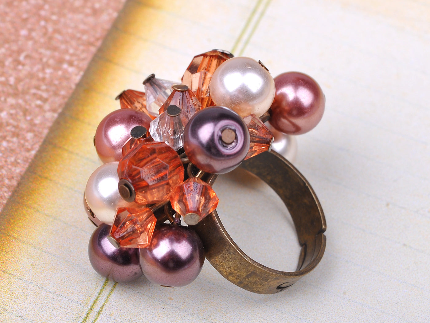 Fabricated Opal White Pearl Smoke Cluster Acry Beaded Jewelry Ring