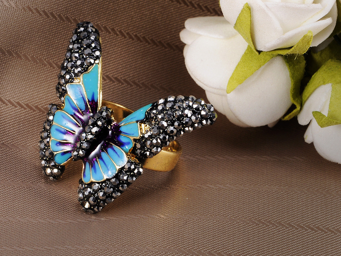 Jet Black S Turquoise Colored Enamel Butterfly Ring