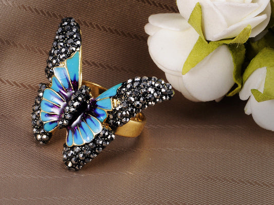 Jet Black S Turquoise Colored Enamel Butterfly Ring