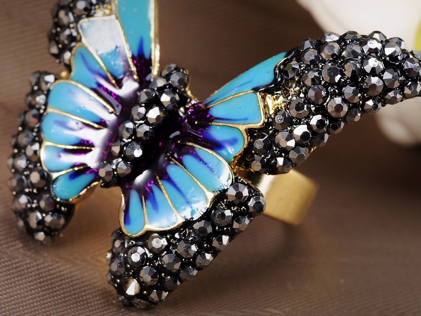 Jet Black S Turquoise Colored Enamel Butterfly Ring