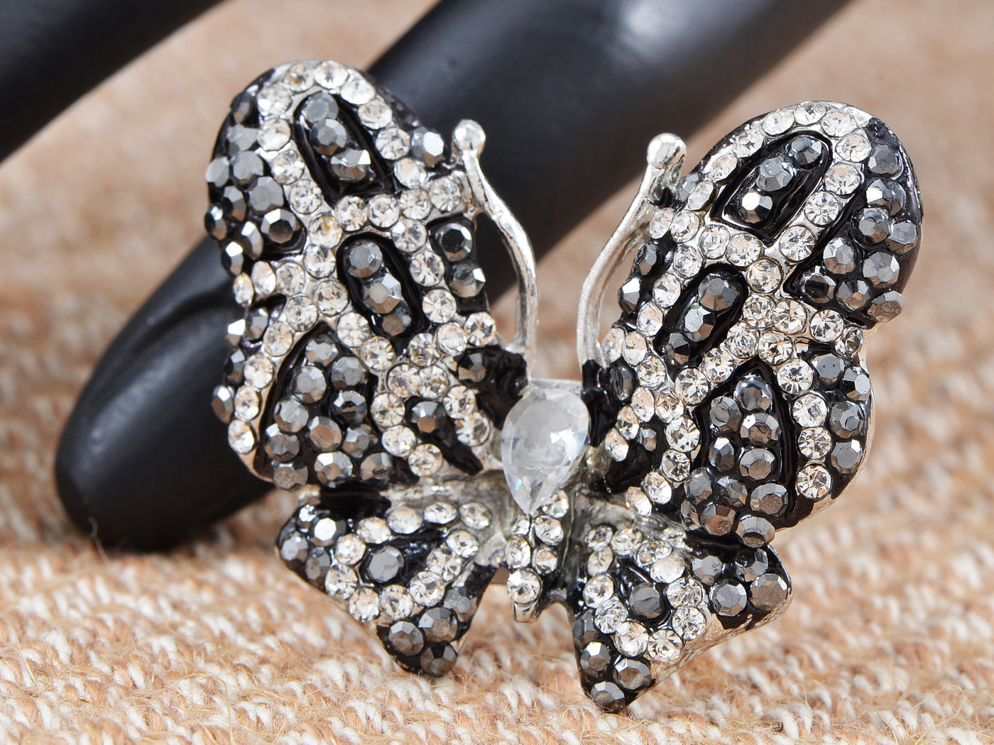 Jet Black White Flying Wing Fly Butterfly Ring