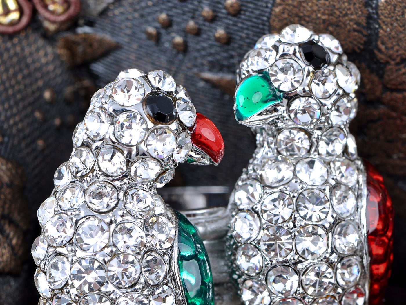 Itailian Emerald Ruby Green Enamel Love Birds Couple Perch Ring