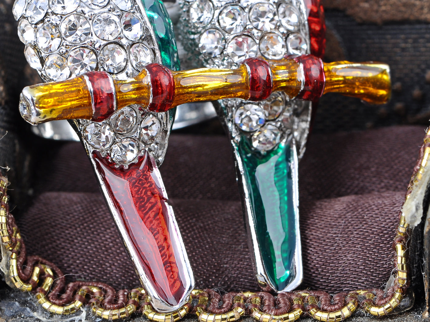 Itailian Emerald Ruby Green Enamel Love Birds Couple Perch Ring