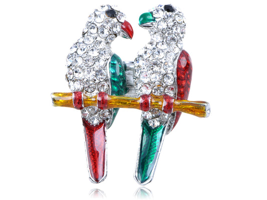 Itailian Emerald Ruby Green Enamel Love Birds Couple Perch Ring