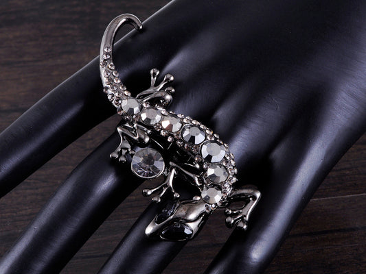 Silver Jet Black Czech Gecko Lizard Reptile Two Finger Ring