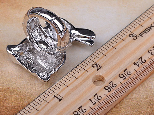 Enamel White Bunny Striped Fur Rabbit Ring